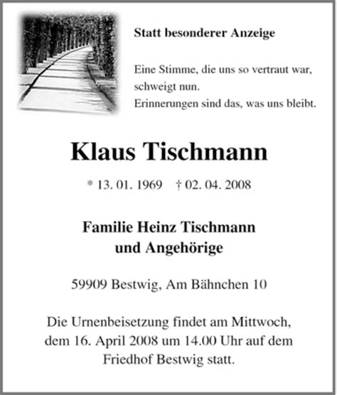 Trauer Und Todesanzeigen Von Klaus Tischmann Trauer De