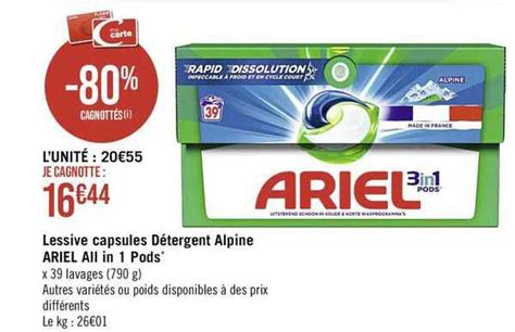 Promo Lessive Capsules Détergent Alpine Ariel All In 1 Pods chez