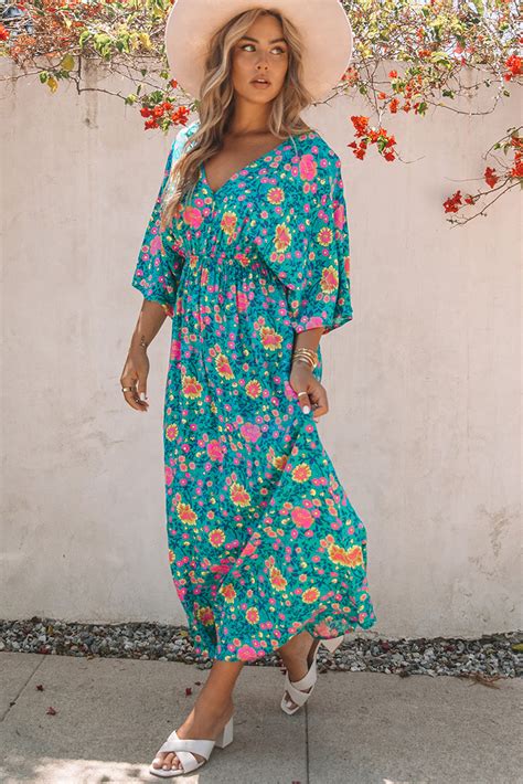 Chic Robe Longue Verte À Fleurs Et Col En V Bohème