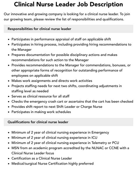 Clinical Nurse Leader Job Description Velvet Jobs