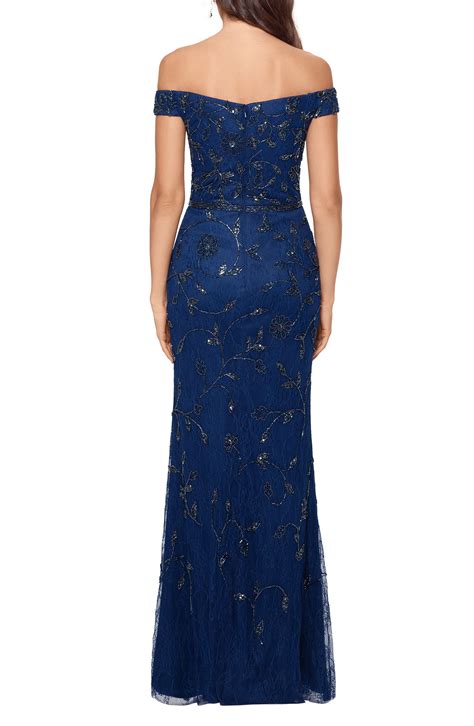 Xscape Off The Shoulder Beaded Lace Gown In Navy Blue Lyst