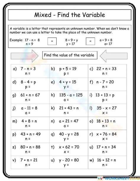 Mixed Find The Variable Grade 3 Worksheet