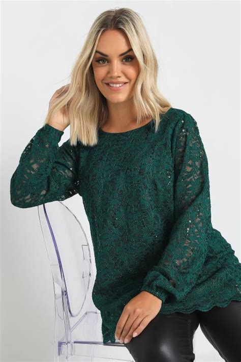 Yours Plus Size Forest Green Lace Scallop Hem Top Yours Clothing