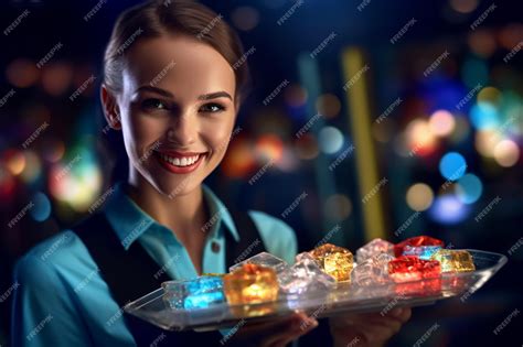 Premium Ai Image A Happy Female Waiter Holding Tray With A Cocktail