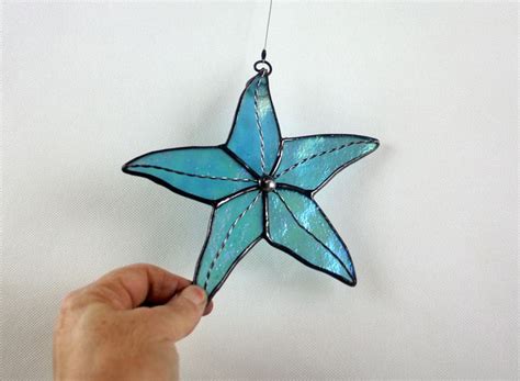 Starfish Stained Glass Suncatcher Aqua Blue Iridescent Beach Decor