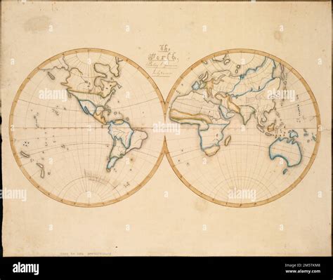 The World Double Hemisphere Manuscript Map Drawn By A Student Dated