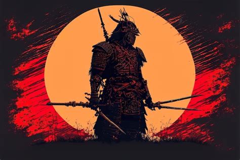 Premium Photo | The silhouette of a samurai war against the background of the sun