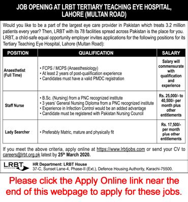 Lrbt Tertiary Teaching Eye Hospital Lahore Jobs March Apply Online