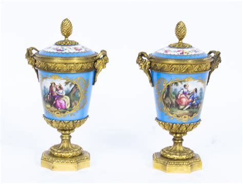 Antique Pair French Ormolu Mounted Sevres Lidded Urns Vases C1860