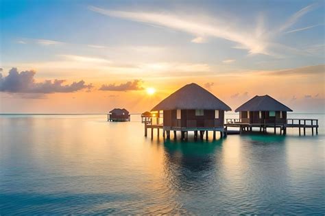 Une maison sur pilotis avec un coucher de soleil en arrière plan