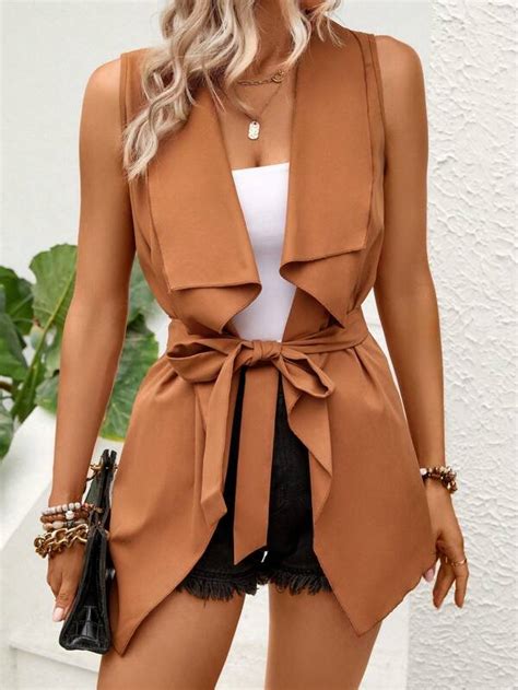 Shein Lune Waterfall Collar Belted Vest Coat Shein Usa