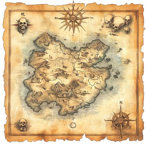 A treasure map with landmarks like skullshaped rocks and mysterious