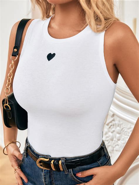 Shein Frenchy Heart Embroidery Ribbed Knit Tank Top Shein Uk