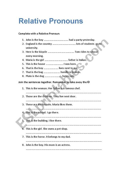 Relative Pronouns Worksheet Printable