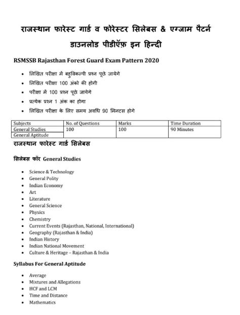 PDF वनपल और वनरकषक सलबस Rajasthan Forest Guard Syllabus 2022