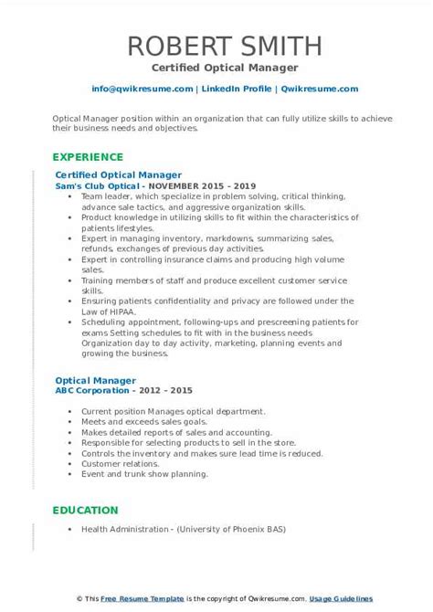 Optical Manager Resume Samples Qwikresume