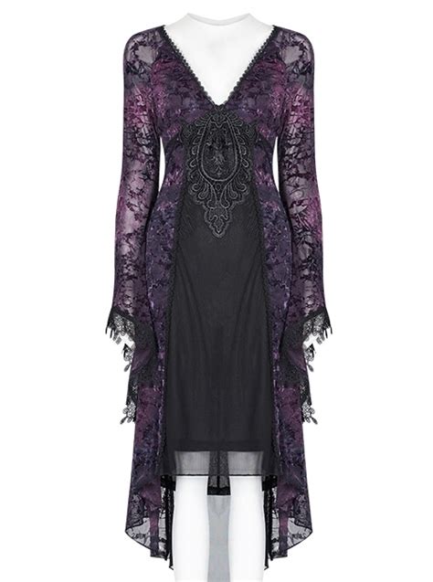 Gothic V Collar Goddess Classical Translucent Long Sleeve Black Purple