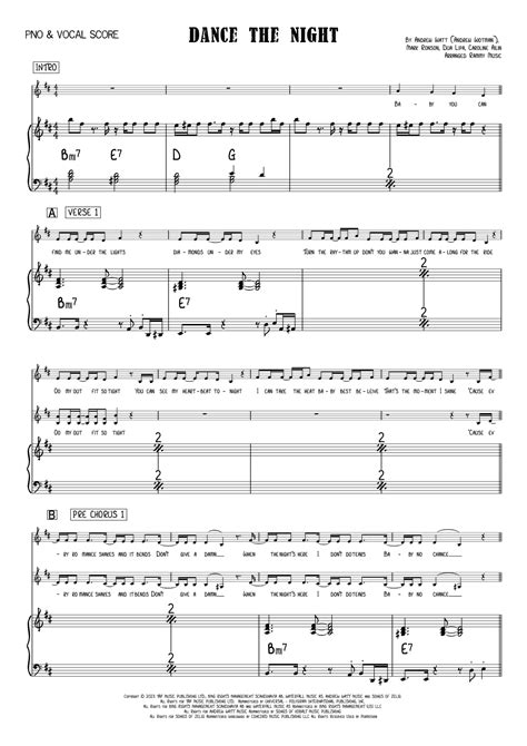 Dance The Night Arr Rammy Music By Dua Lipa Sheet Music For Piano And Vocal At Sheet Music Direct