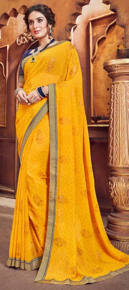 Casual Party Wear Yellow Color Chiffon Fabric Saree