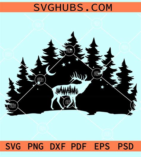 Elk Forest Scene Svg Elk Svg Hunting Svg Forest Tree Svg Nature