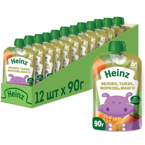 Пюре фруктово-овощное Heinz с 6 месяцев, яблоко, тыква, морковь, манго ...