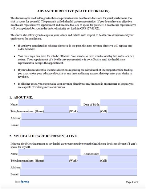 Free Oregon Advance Directive Form Medical Poa Living Will Pdf