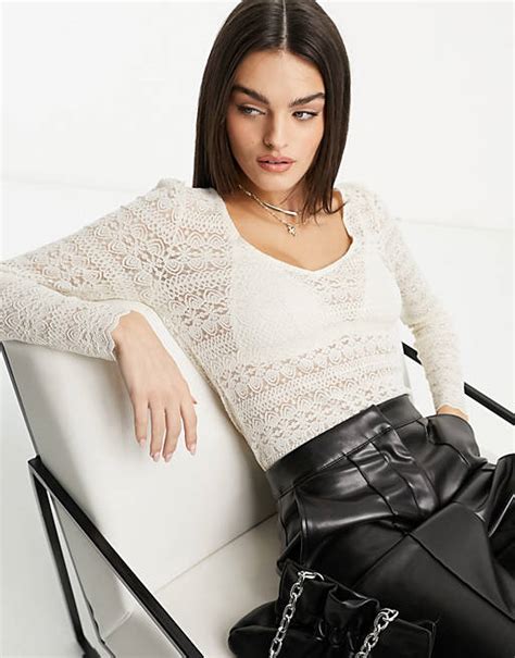 Vila V Neck Lace Long Sleeved Top In Cream Asos