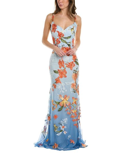 Marchesa Notte Floral Embroidered Mermaid Gown In Blue Lyst