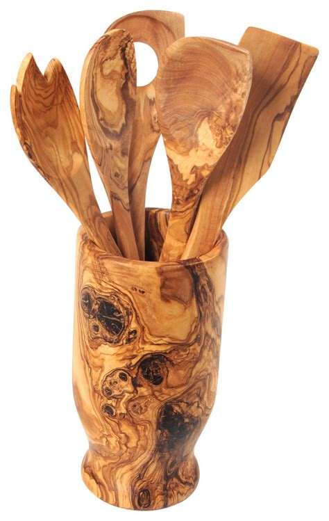 Handmade Olive Wood Utensil Holder And Kitchen Tools Set Of 5 Contemporary Cooking Utensil