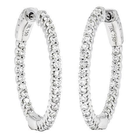 18kt White Gold Single Row Diamond In And Out Hoop Huggies Earring For