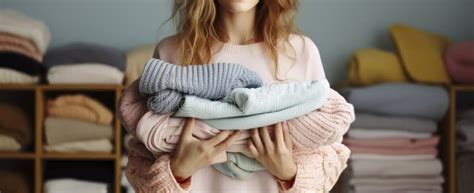 Slim Young Woman Holding Big Stack Of Folded Knitted Warm Colorful