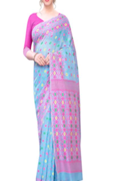 Buy Silk Land Turquoise Blue And Pink Ethnic Motifs Pure Cotton Jamdani