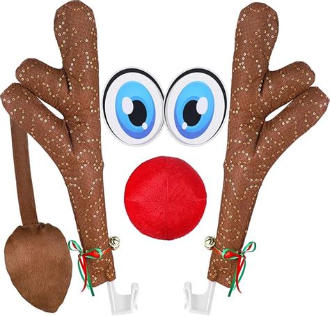 Amazon.com: Unomor Car Antlers and Nose for Car Christmas Decorations with Eyes, Tails, Shiny ...