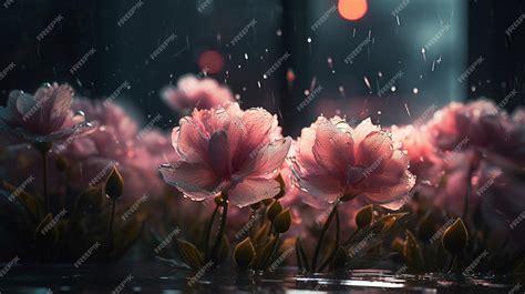 Premium AI Image | A photo of flowers in the rain with the light in the ...