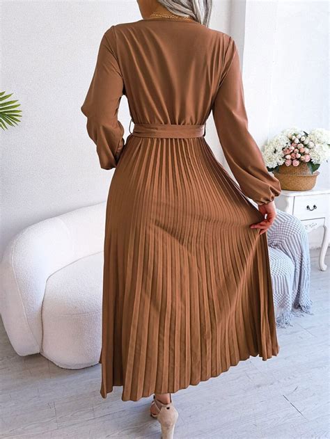 Women Elegant V Neck Long Sleeve Pleated Maxi Dress EBay