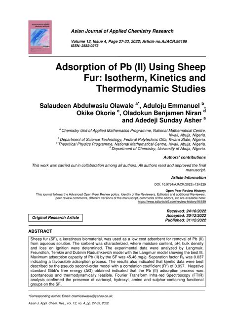 Pdf Adsorption Of Pb Ii Using Sheep Fur Isotherm Kinetics And