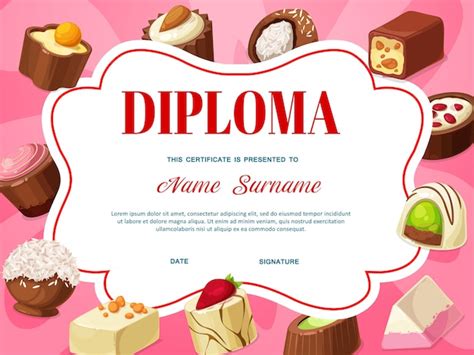 Plantilla de certificado de diploma para niños con chocolate Vector