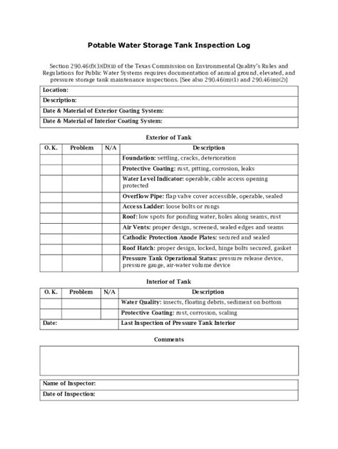 Fillable Online Potable Water Storage Tank Inspection Log Fax Email ...