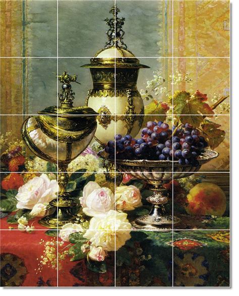 Jean Baptiste Robie Flowers Painting Ceramic Tile Mural Wide