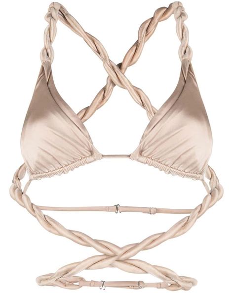 Isa Boulder Satin Vines Twisted Wraparound Bikini Top In Natural Lyst