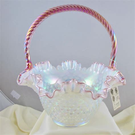 Fenton Pink Crested Hobnail Opalescent French Opal Carnival Glass Ruffled Basket Carnival Glass