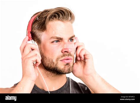 Online Music Services Inspiring Music Concept Man Handsome Unshaven Hipster Listening Music