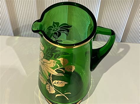 Vintage Green Glass Water Jugpitcher With Gold Etching 50s Etsy