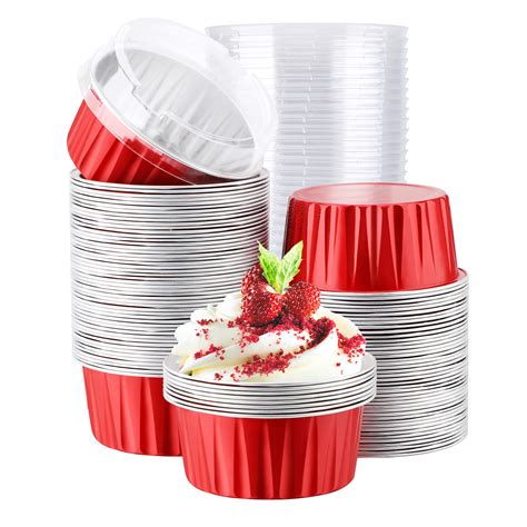 100pcs 5oz Aluminum Muffin Cups with Lid, Muffin Liners Cups with Lids, Disposable Foil Ramekins ...