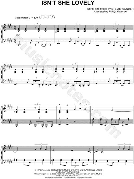 Stevie Wonder Isn T She Lovely Sheet Music Piano Solo In E Major