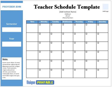 09+ Free Teacher Schedule Templates - Free Unique Printable Templates