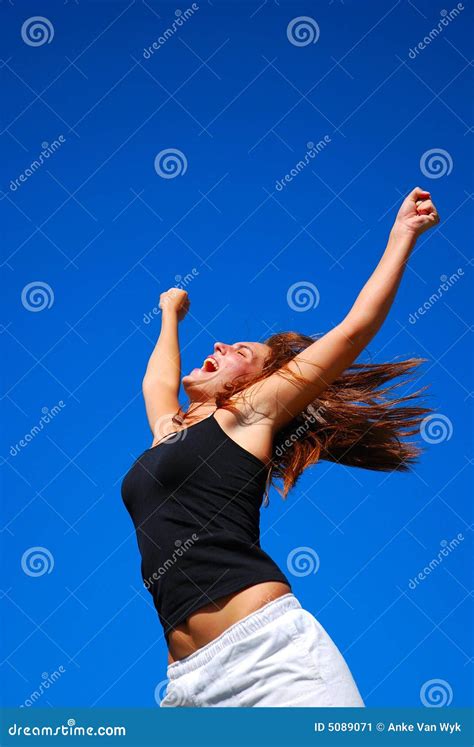 Hallelujah Happy Woman Stock Image Image Of Jump Female 5089071