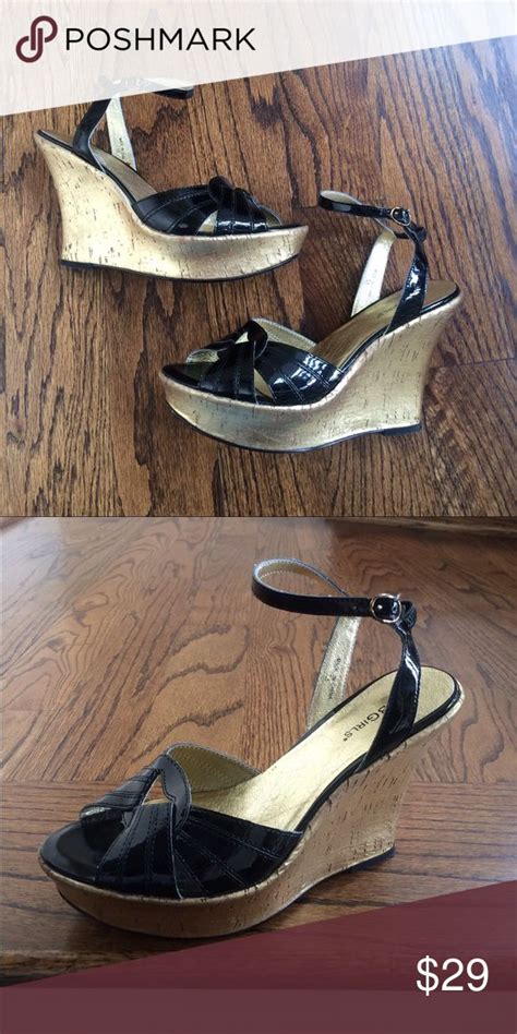 Bcbgirls Black Patent Wedge Sandals Black Patent Sandals With Gold Colored Cork Heel Heel Is 4