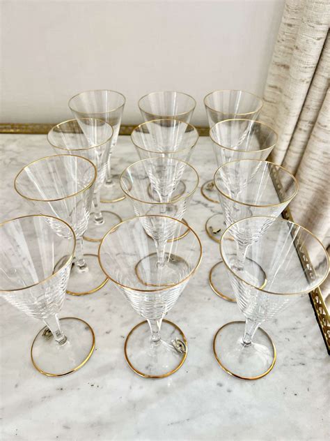 Unused Set Of Gold Rim White Wine Glasses Circa 1950 In Antique Serveware