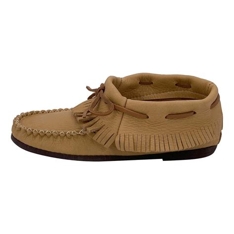 Womens Rubber Sole Genuine Moosehide Leather Ankle Fringe Moccasins